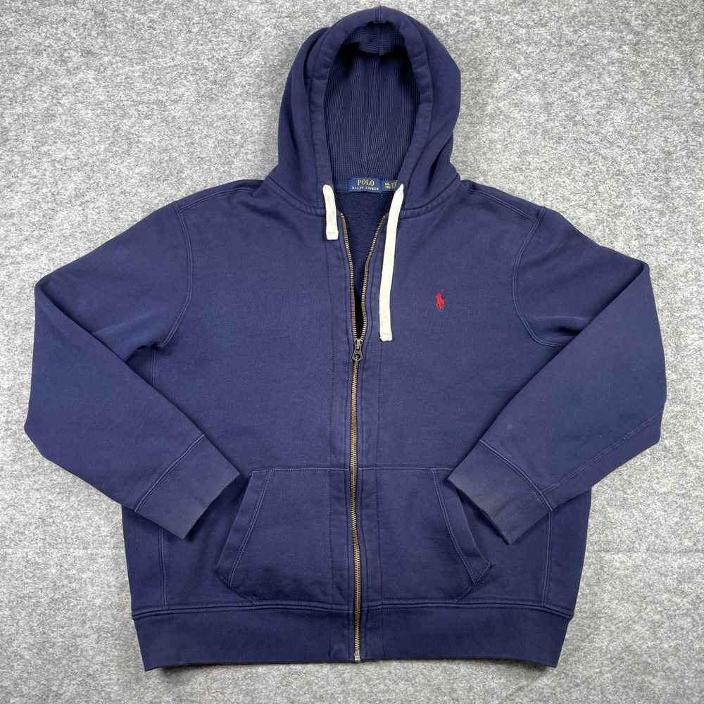 Polo Ralph Lauren Hoodie Mens XXL Navy Blue Full Zip Waffle Lined Hood Fleece